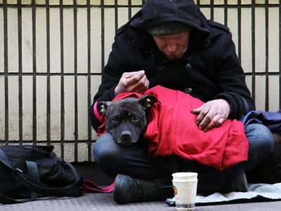 Homeless man sitting on sidewalk with pet dog